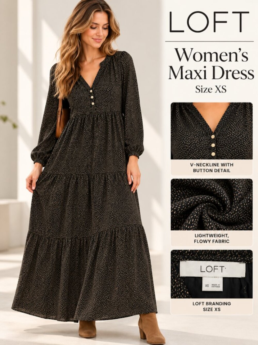 LOFT Dotted Split Neck Tiered Midi Dress - Black & Cream, Size XS